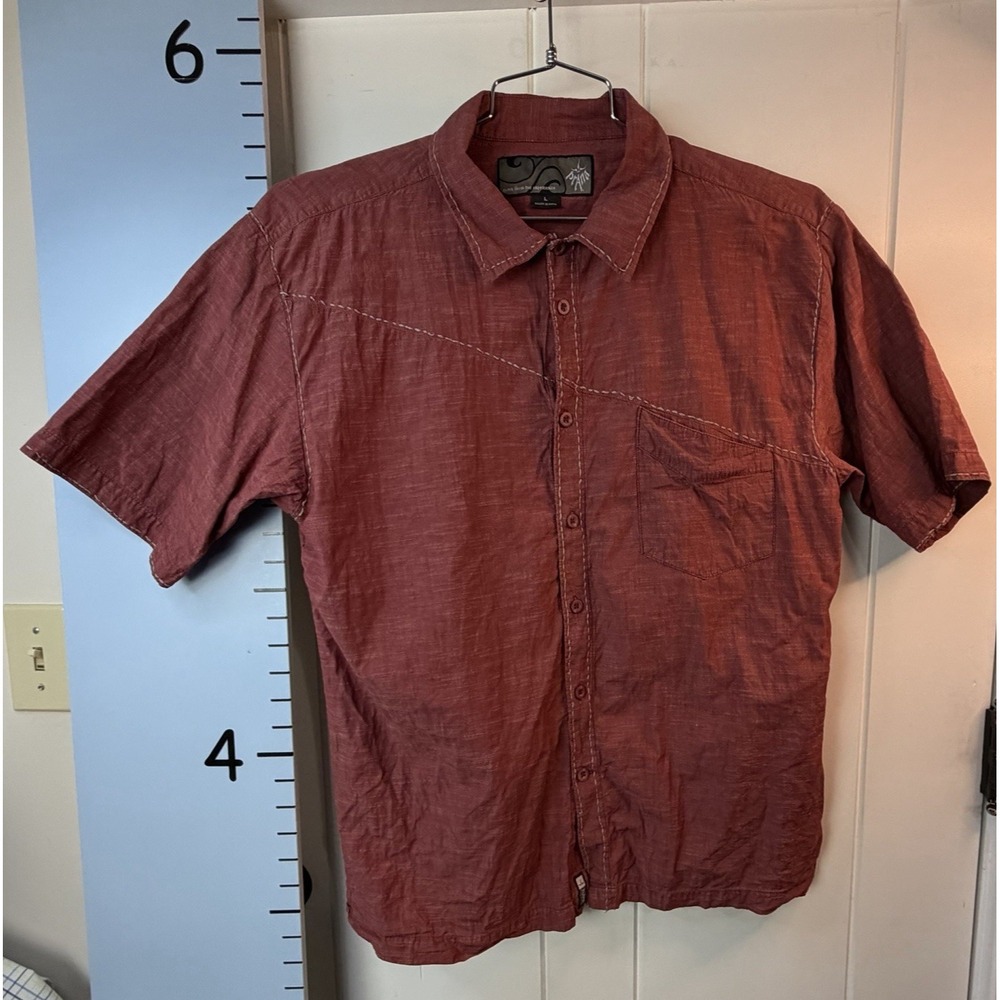 prAna Short Sleeve Organic Cotton Button Red Shirt Men's Large Smile Pocket